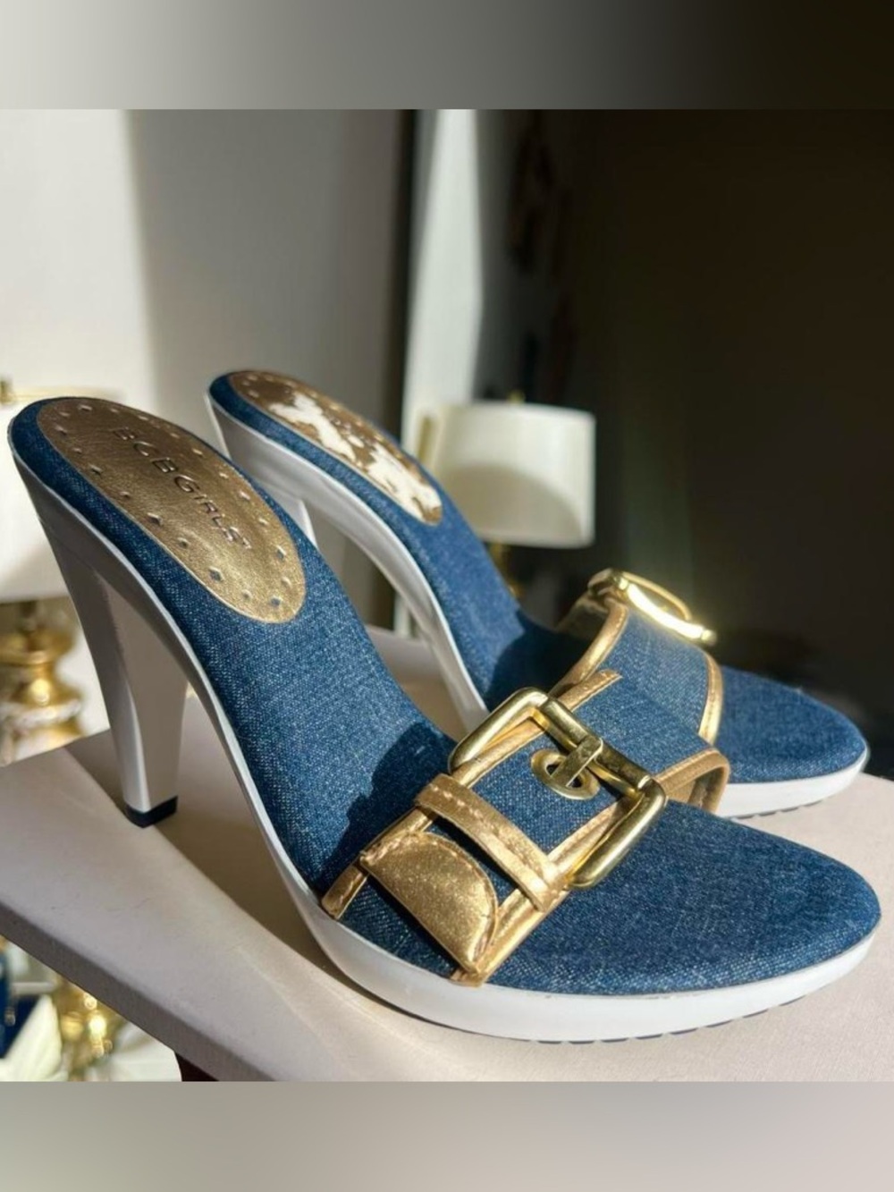 BCBGirls Blue Denim Mules with Gold Buckle